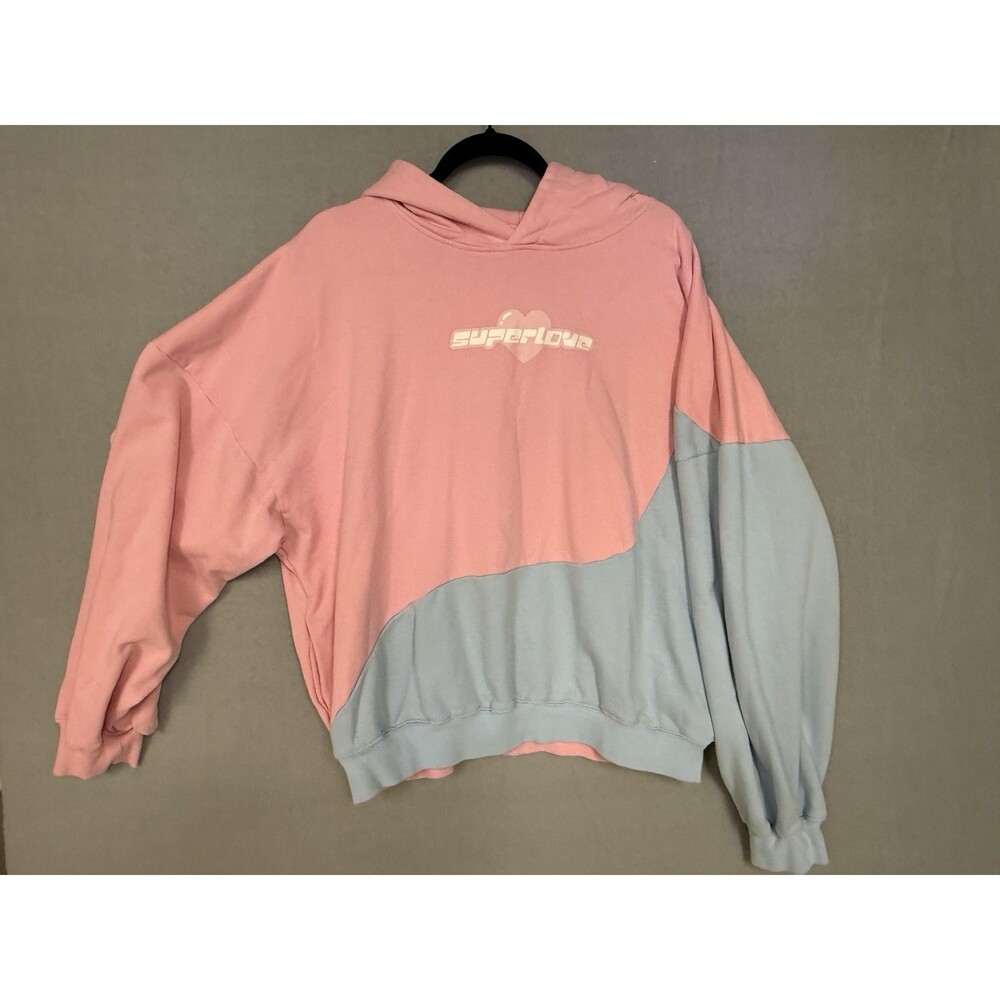 Superlove Pink Blue Colorblock Oversized Hoodie Large Angel Heart Graphic Y2K